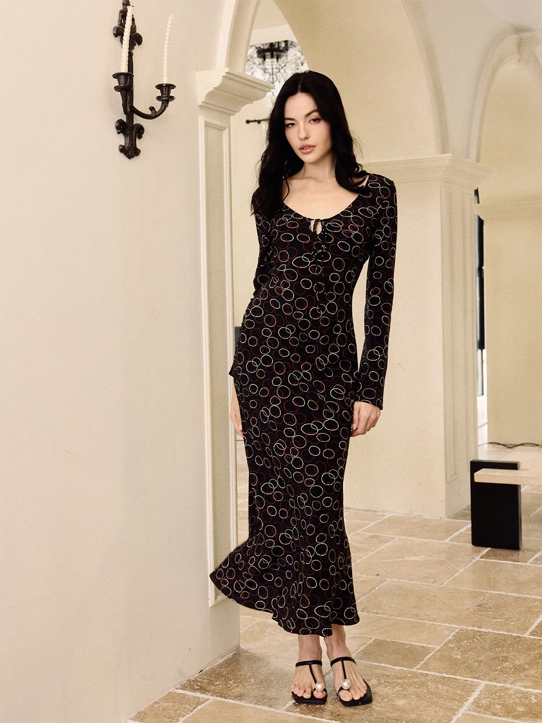 

Romantic Sle Long Sve Print Fi Tail Dr Daily Romance Spring Gold Wave Polka Dot Dr Silk Material Women's Dr