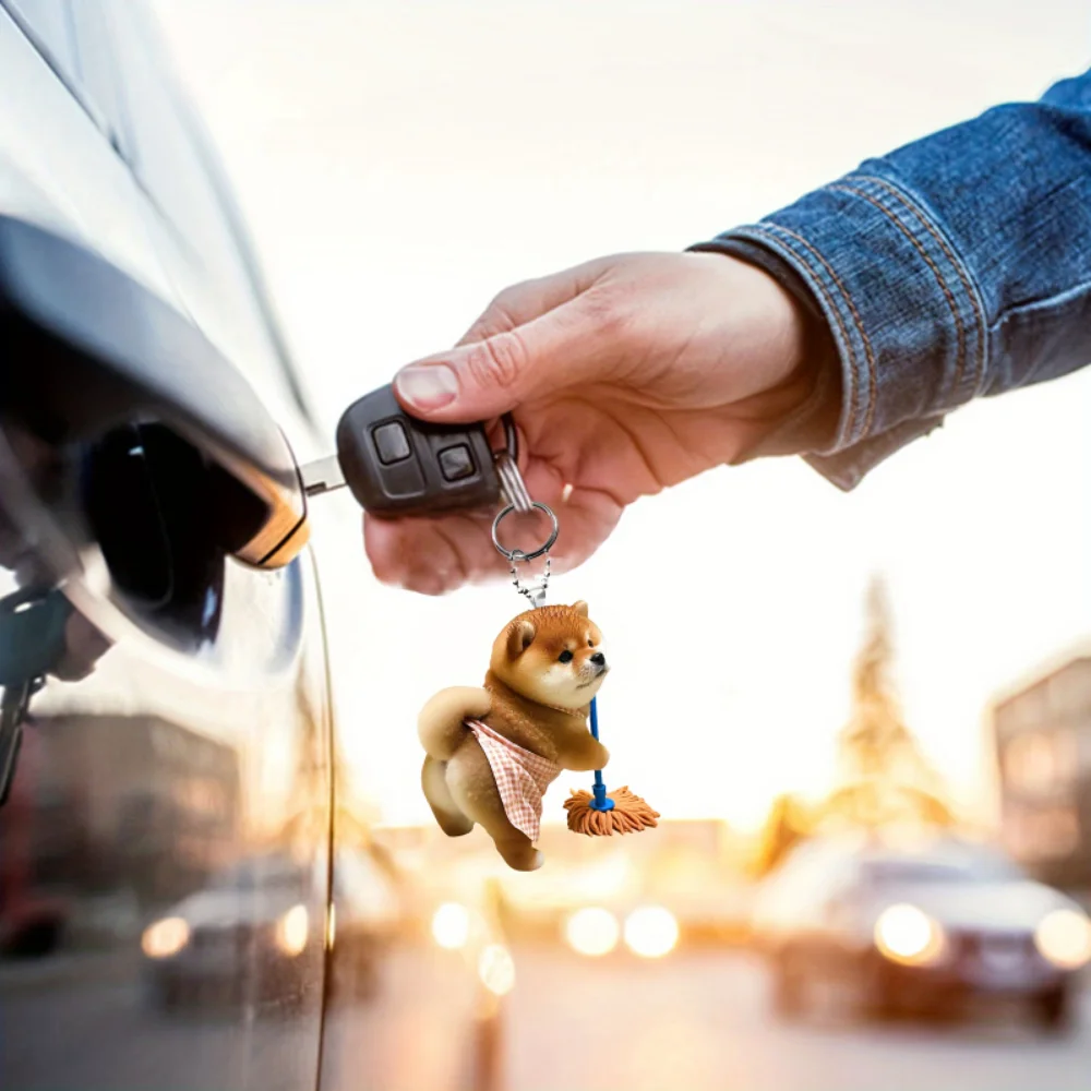 Shiba Inu Cleaning 2D Acrylic Keychain Charming Puppy Pendant Versatile Charm, Decor for Car,Backpacks,Phone,Home,Festive,Gift