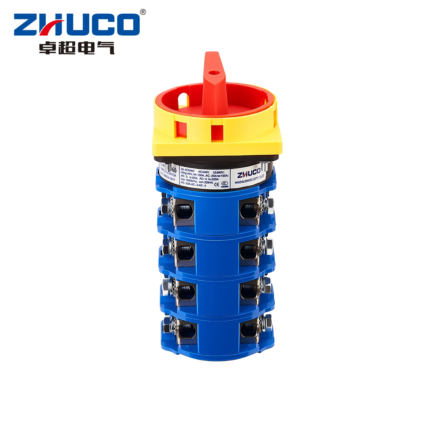 Zhuco 2-Position Selector Switch 160A 690V, 16-Terminal Universal Rotary Cam Selector with Locking Switch, Suitable for Distribution Cabinets, Machine Tools, Industrial Panels (Szw26-160/4Gs, on Off, Off on)