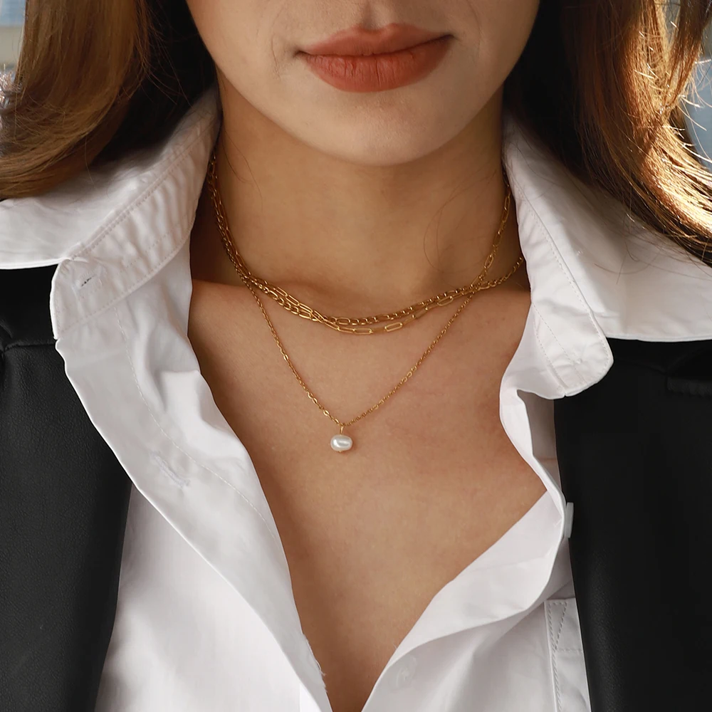 يوري لؤلؤ المياه العذبة الطبيعية قلادة ثلاث طبقات قلادة الوافدين الفولاذ المقاوم للصدأ موضة الأساسية اليومية مجوهرات مقاومة للماء #1