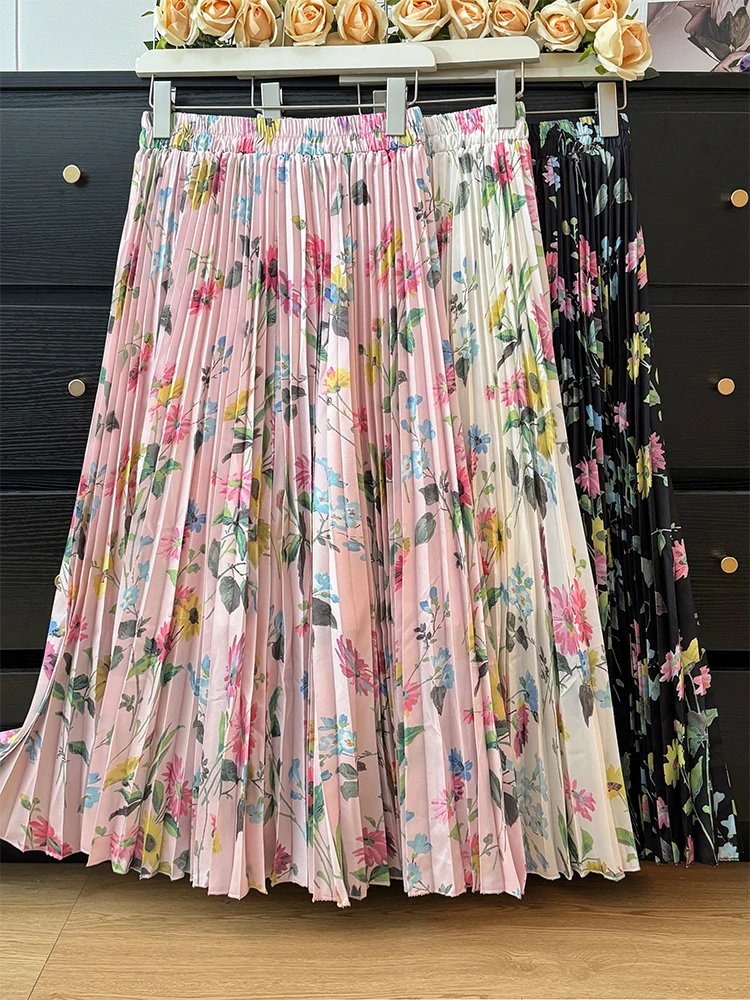 

Spring Autumn ​Vintage Floral Printed Pleated Midi Women Ankle-Length Skirts High Waist Female A-line Skirts