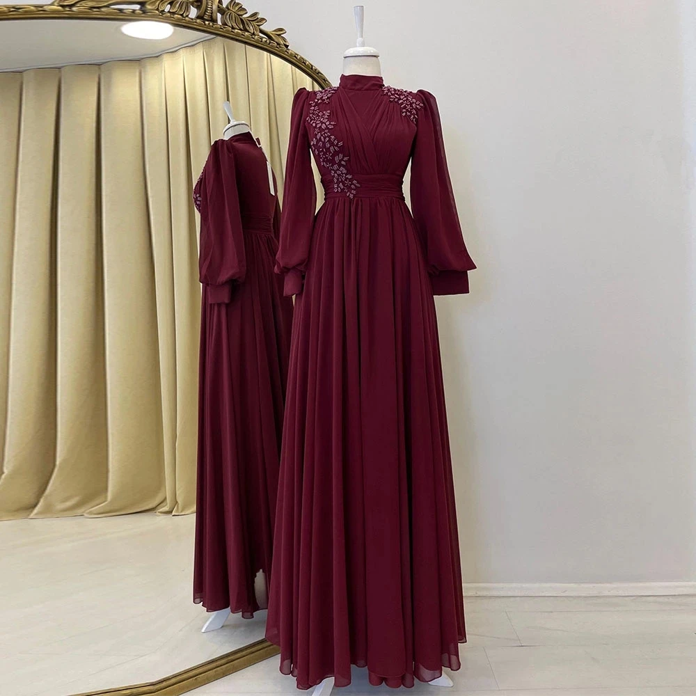 2023 Muslim Burgundy Evening Dresses Modest High Collar Long Sleeves Beads Women Formal Wedding Party Guest Gowns Chiffon Soiree