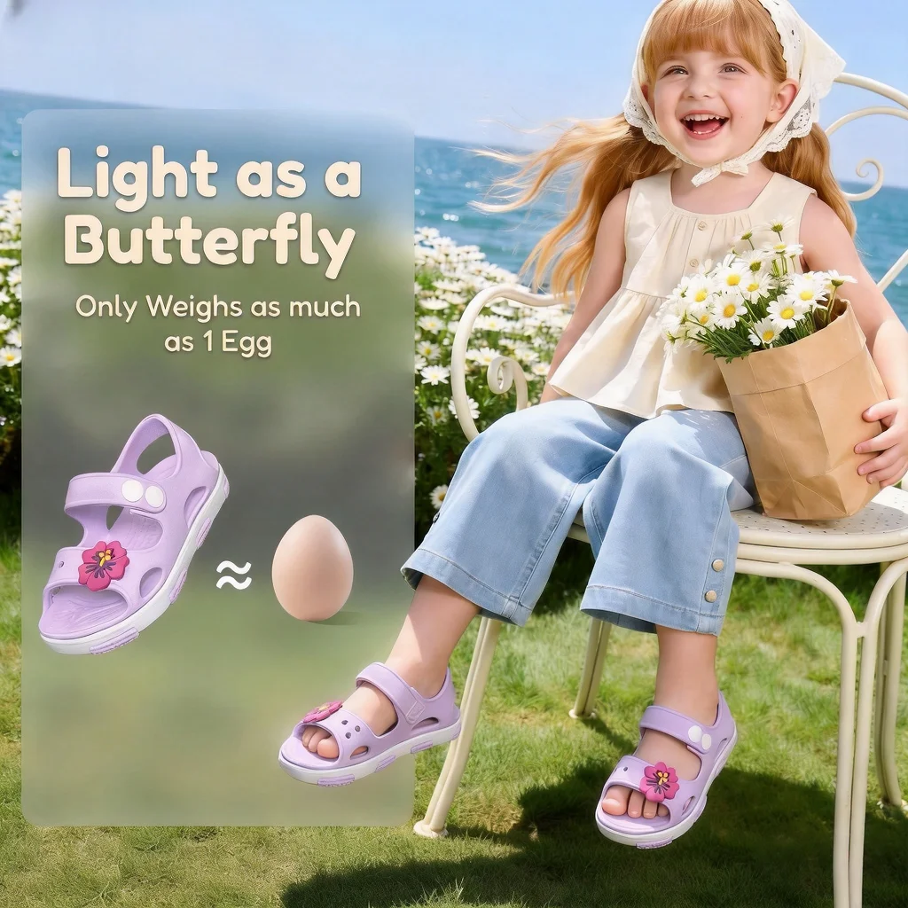 Kids Hollow Out Sandals Breathable Lightweight Water Shoes Adjustable Buckle Flower Ornament Casual Summer Shoes Girls 4 Colors