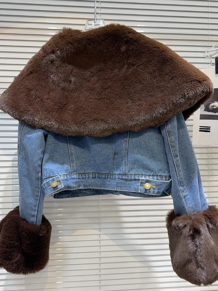 خمر أنيقة فو الفراء طوق قصيرة الدنيم سترة المرأة سليم صالح شتاء دافئ معطف مبطّن كول الشارع الشهير Y2K موضة ملابس خارجية