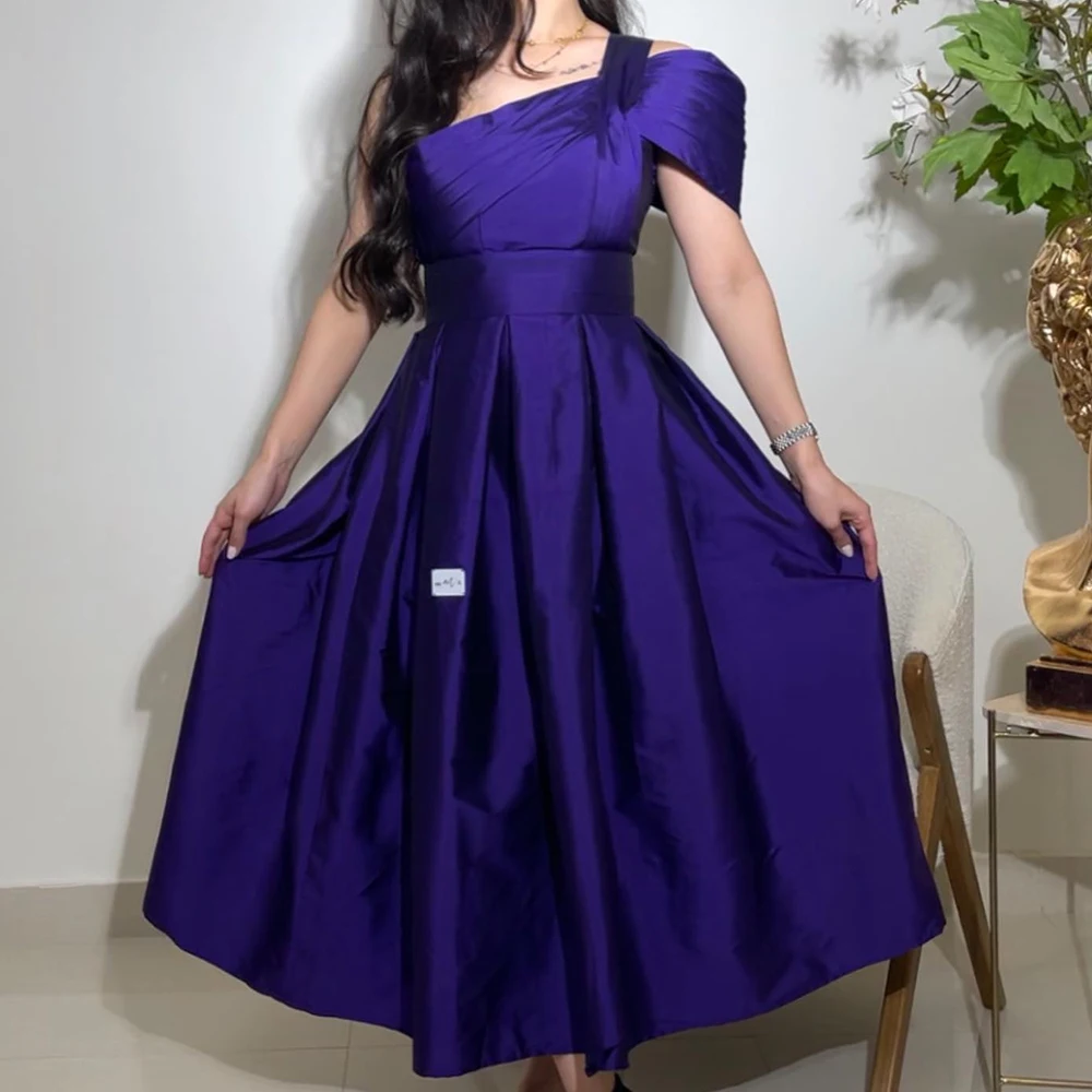 

Exquisite Ankle Length Pleats Party Gowns Fashion Off the Shoulder One Shoulder Satin Short Sleeves Evening Dresses فساتين سهرة