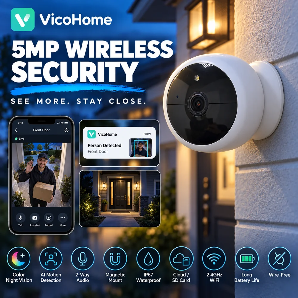 5MP 2K Magnetic Battery Powered Security Camera Wireless WiFi AI Motion Detection Indoor Outdoor Home Surveillance