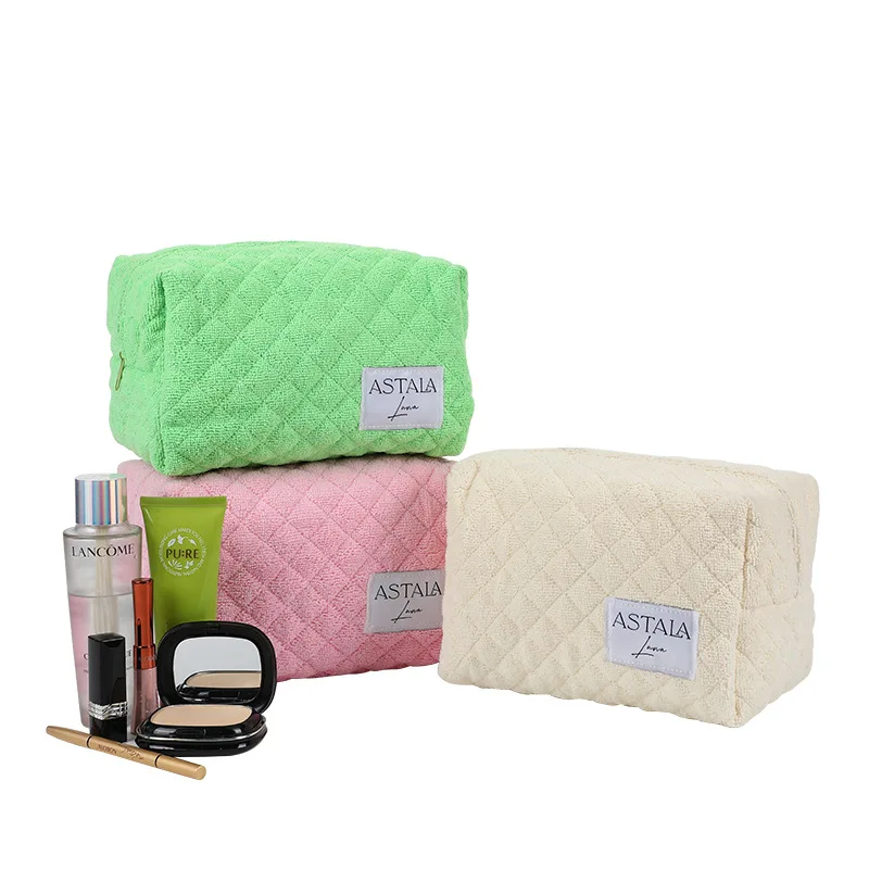 Borsa cosmetica in peluche da viaggio, custodia trapuntata con motivo a reticolo, colore caramella, ricamo, spugna, custodia per il trucco, borsa