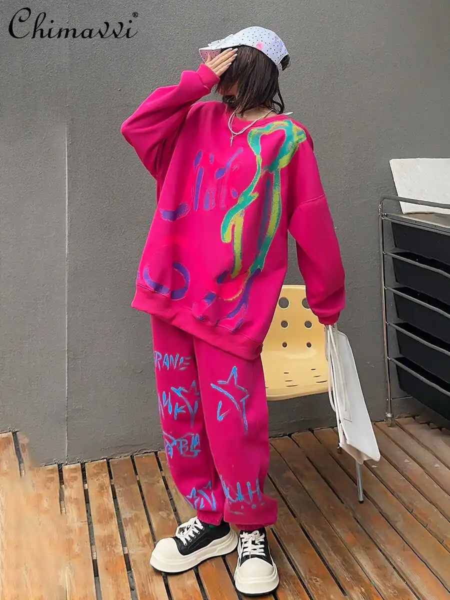 

Fashion Graffiti Printed Leisure Sports Suit Autumn Long Sleeve Round Neck Loose Sweatshirt Women's Pants Two-Piece Set Women