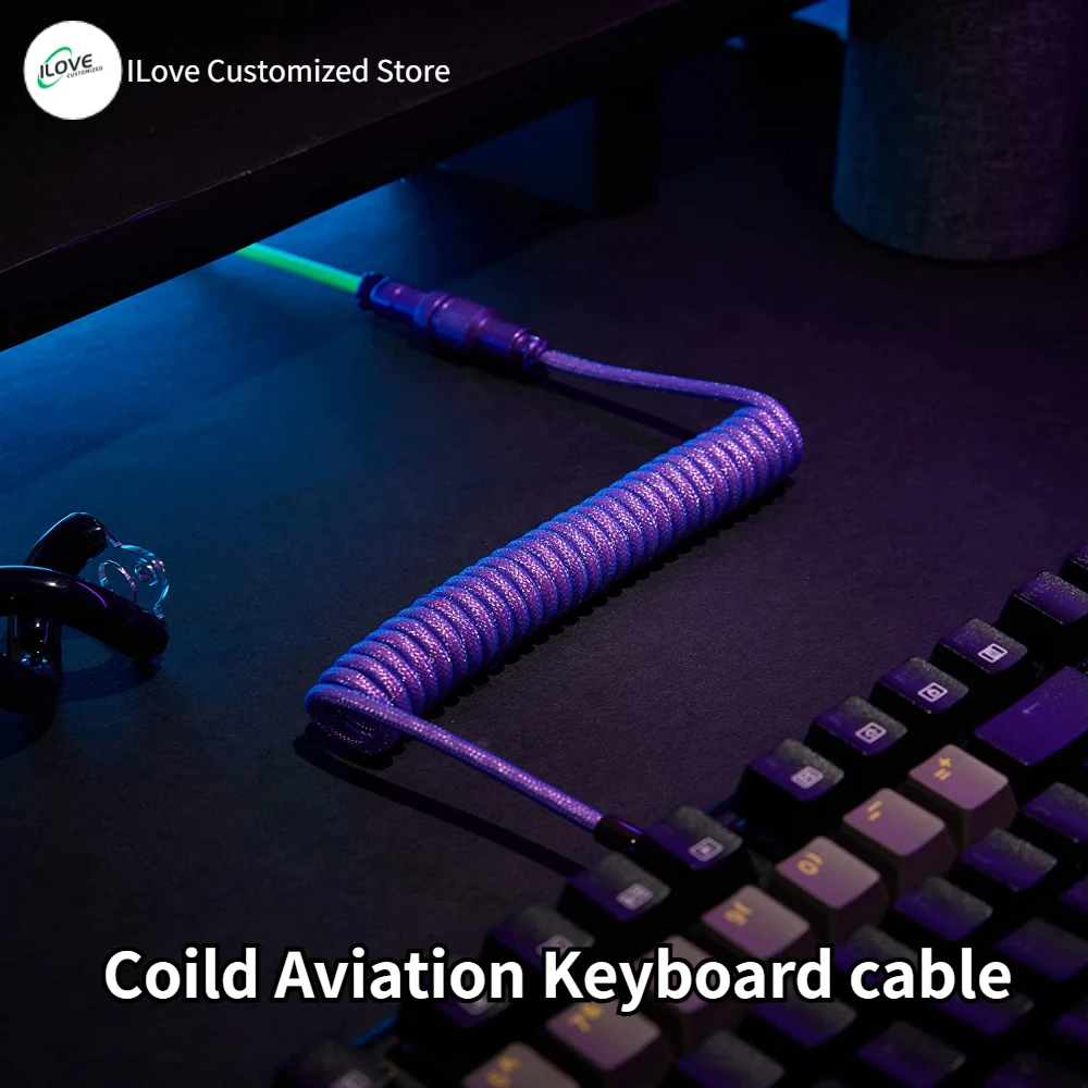 Cabo de teclado enrolado usb c para teclado de jogos mecânico fio de manga dupla com conector de aviador de metal destacável de carregamento