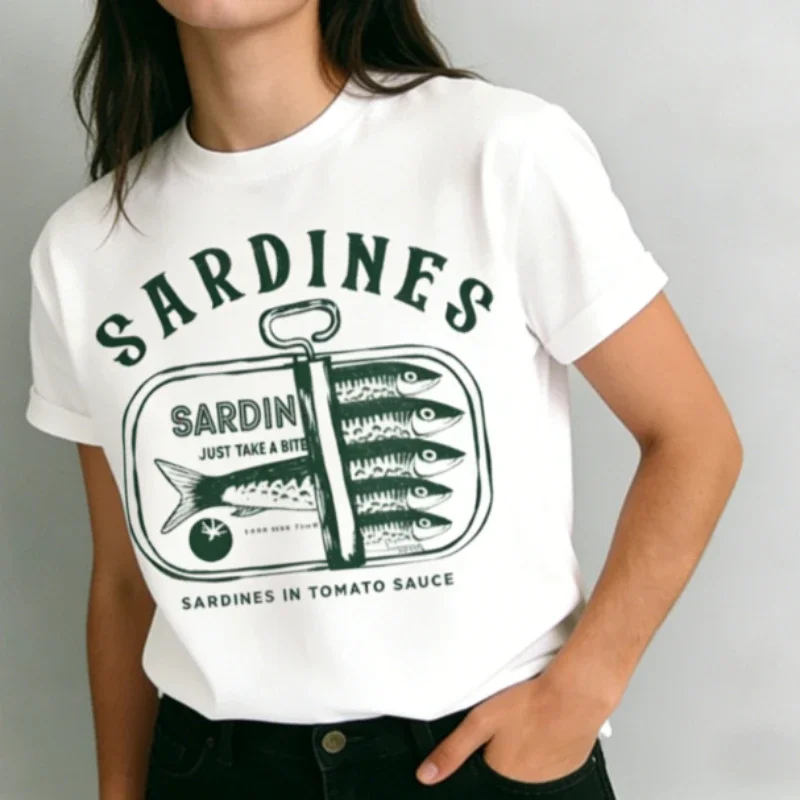 Camiseta de Mujer con Estampado de Sardinas en Salsa de Tomate, Top de Moda con Diseño de Mariscos, Camiseta Gráfica con Patrón Lindo, Camiseta Informal de Manga Corta de Algodón