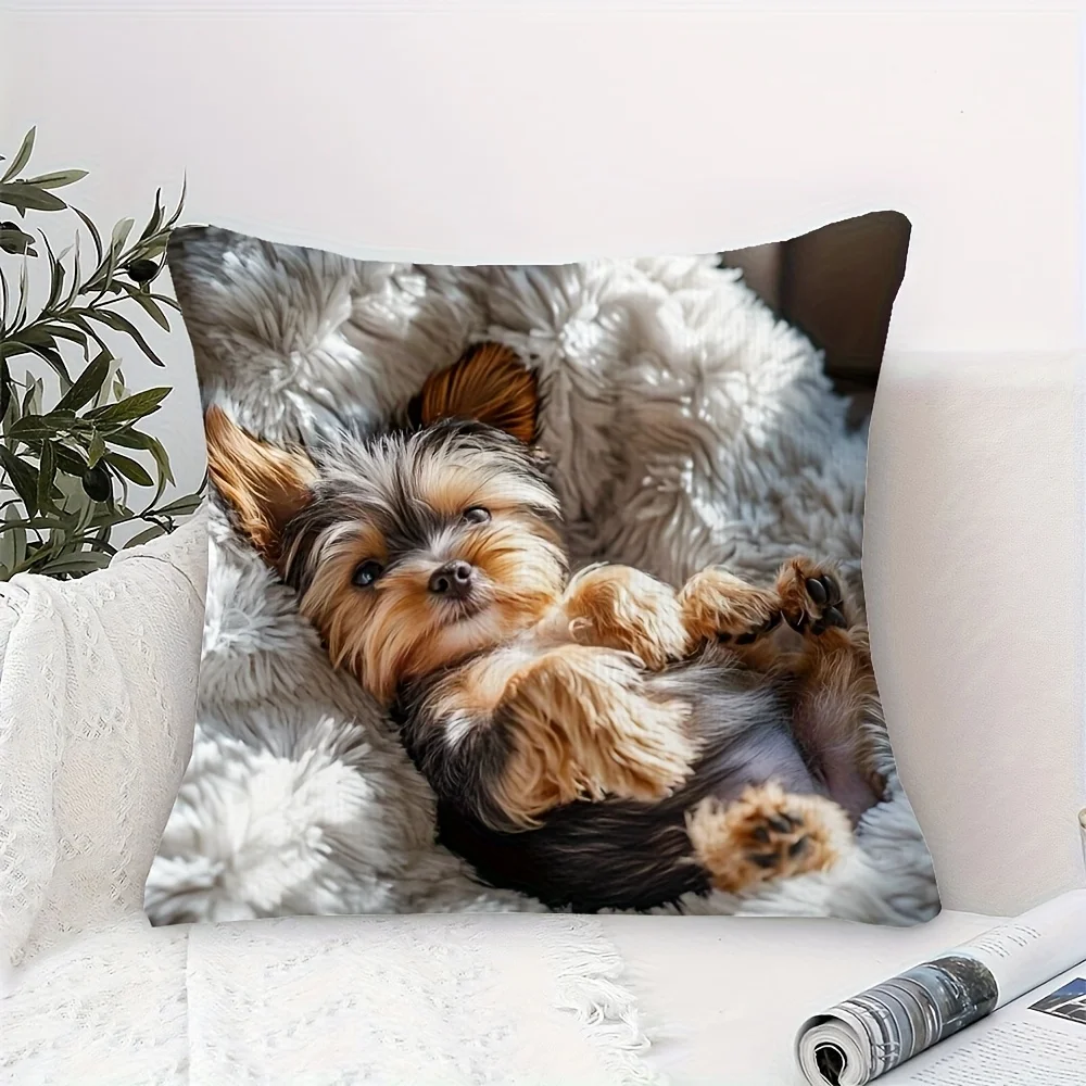 Fotografia 4: Capa de Almofada Quadrada de Cachorrinho Yorkshire Terrier Fofo e Macio para Decoração de Sofá e Quarto - 1 Unidade