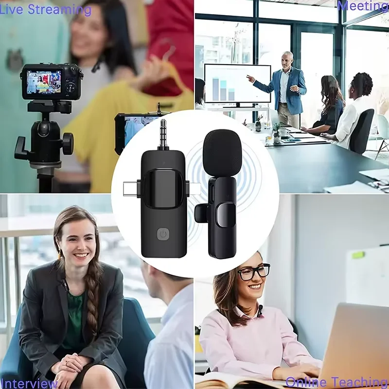 4in1 Wireless Microphone for iPhone Android Cameras Wireless Microphone for Interviews Vlog Noise Cancelling Lavalier Microphone