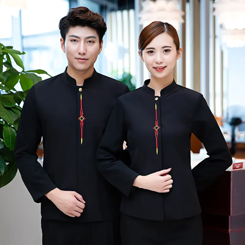 โรงแรมชุดทํางานฤดูใบไม้ร่วงฤดูหนาวผู้หญิงหม้อร้อนร้านอาหารบาร์บีคิวร้านอาหาร Tea House สไตล์จีน Waiter แขนยาว Unisex