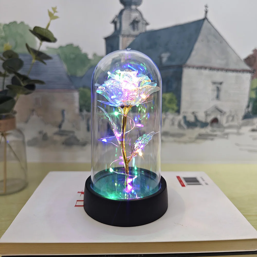 Führte Valentinstag Geschenk für Freundin ewige Rose Licht 24 Karat Goldfolie Blume in Glas abdeckung Muttertag Hochzeit Brautjungfer Geschenk