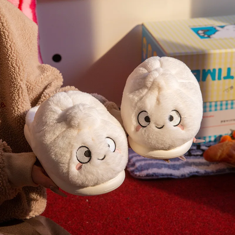 Zapatillas de algodón con patatas fritas para hombre y mujer, zapatos para el suelo del hogar, chanclas mullidas cálidas de piel sintética con dibujos animados, para otoño e invierno