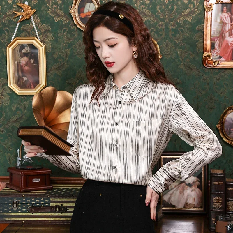 Satin Casual Women's Blouses Spring/Summer New Prints Korean Stripe Shirts Loose Long Sleeves Top Silk Vintage Clothing Sales