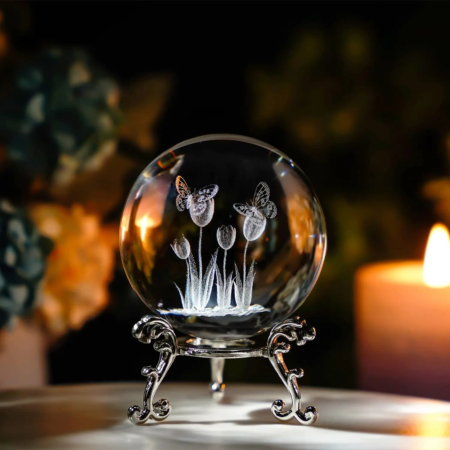 H&D 3D Laser Crystal Tulip Ball with Butterflies Paperweight - 60mm Engraving Decorative Balls Glass Full Sphere Figurine Decor