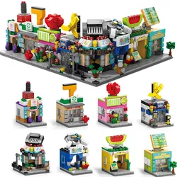16 Style Mini Street View Coffee Store Piano Game Hall Fruit Bookstore Building Blocks Bricks Movie Model Toy Boys Girls Gifts