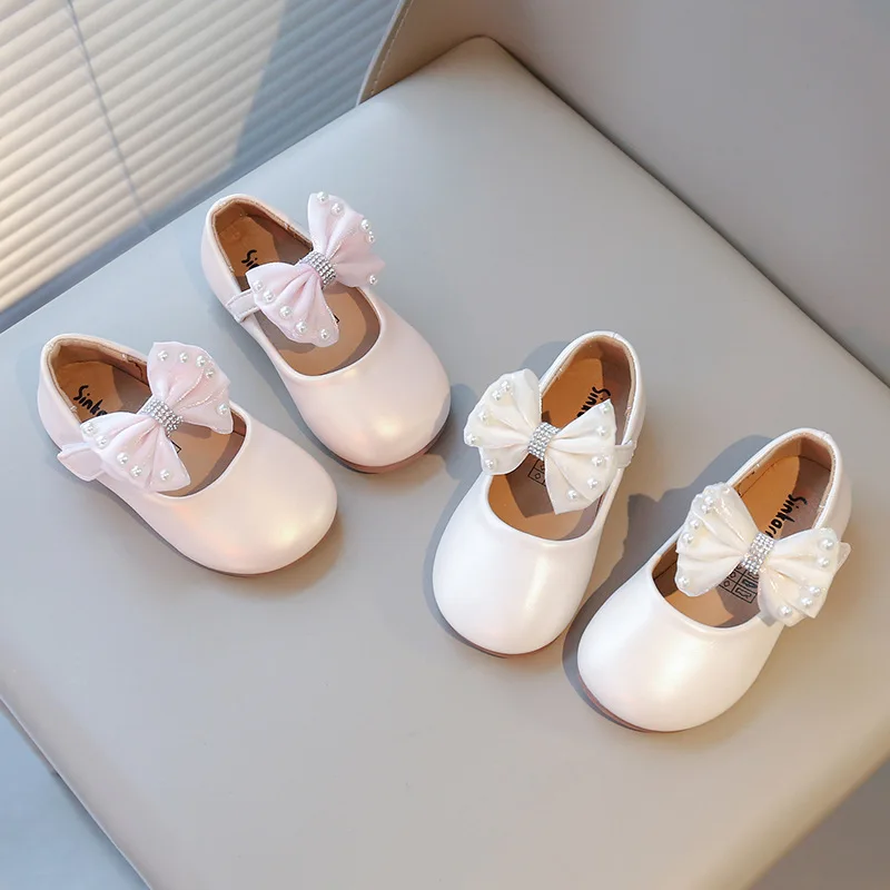 

New Spring Summer Leather Bow Shoes for Girls, Soft Soles, Non-slip, Princess Performance Dance, Baby Walking Shoes, Fashionable