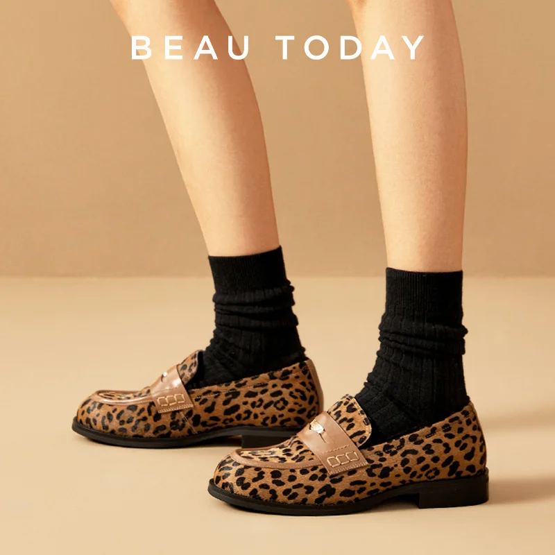 BEAUTODAY Penny Loafers Women Cowhide Round Toe Square Heel Leopard Print Sewing Outdoor Casual Flats Female Handmade 26238