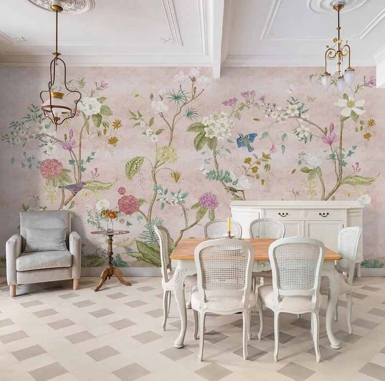 Chinoiserie Wallpaper Peel and Stick | Colorful Boho Floral Wall Mural