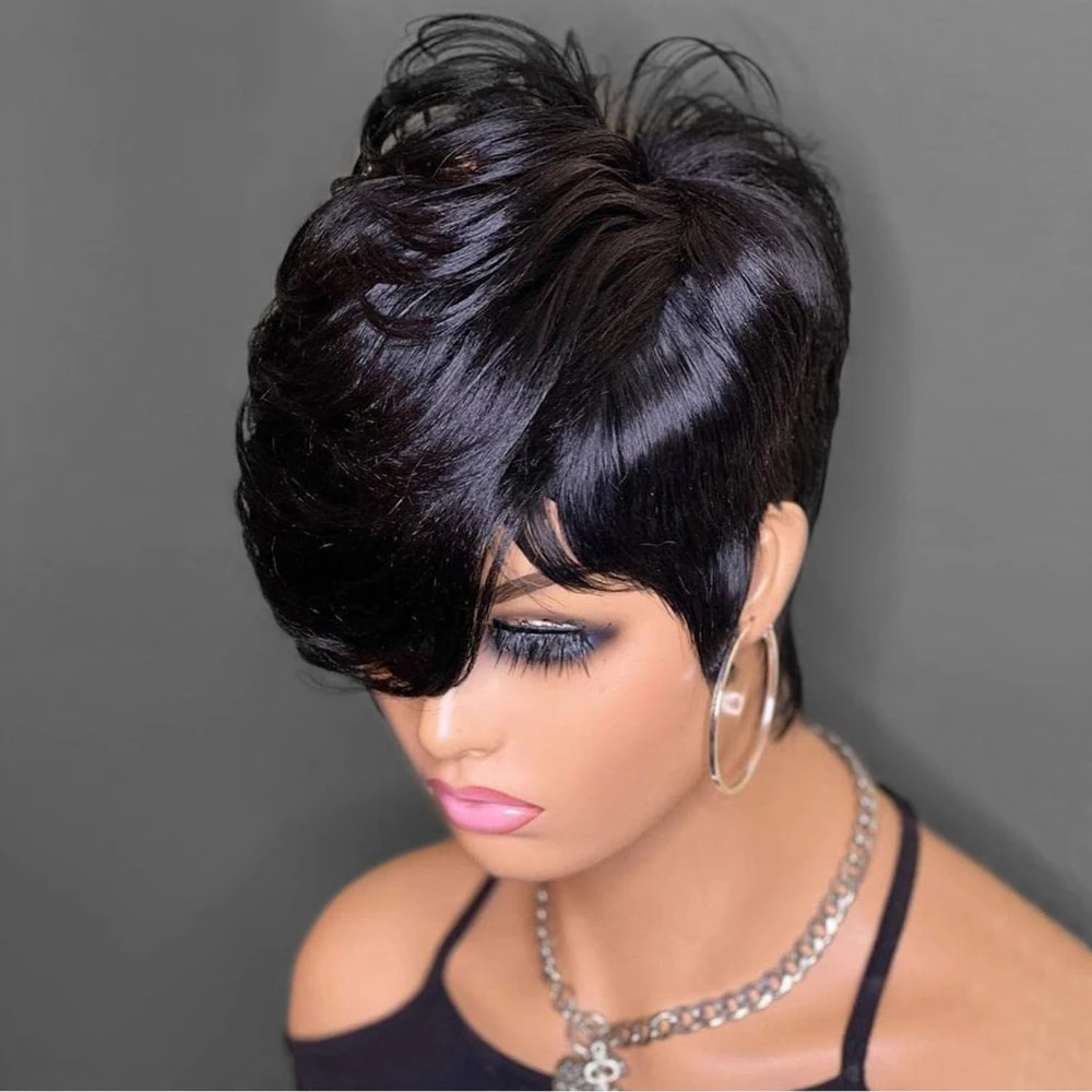 ショートピクシーカットウィッグ人毛ウィッグ女性用ウィッグ前髪付きレイヤードウェーブのかかったフルマシンメイドウィッグ