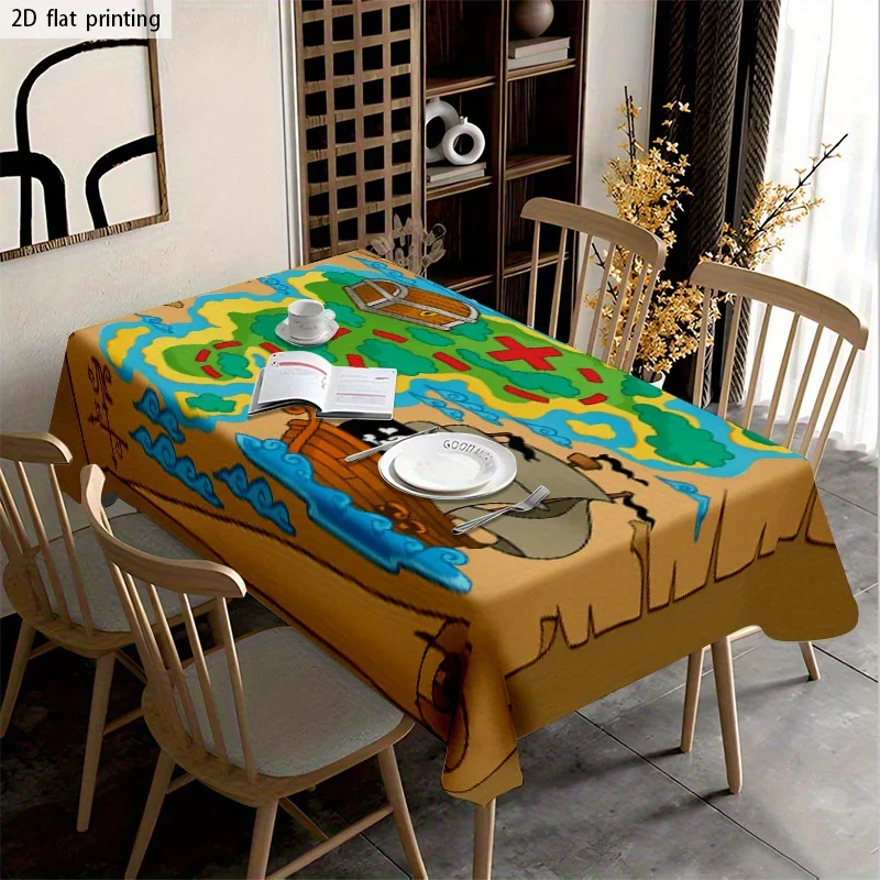 Retro Pirate Treasure Map Tablecloth Cartoon Adventure Print Rectangular Table Cover Kitchen Dining Decor for Party Daily Use