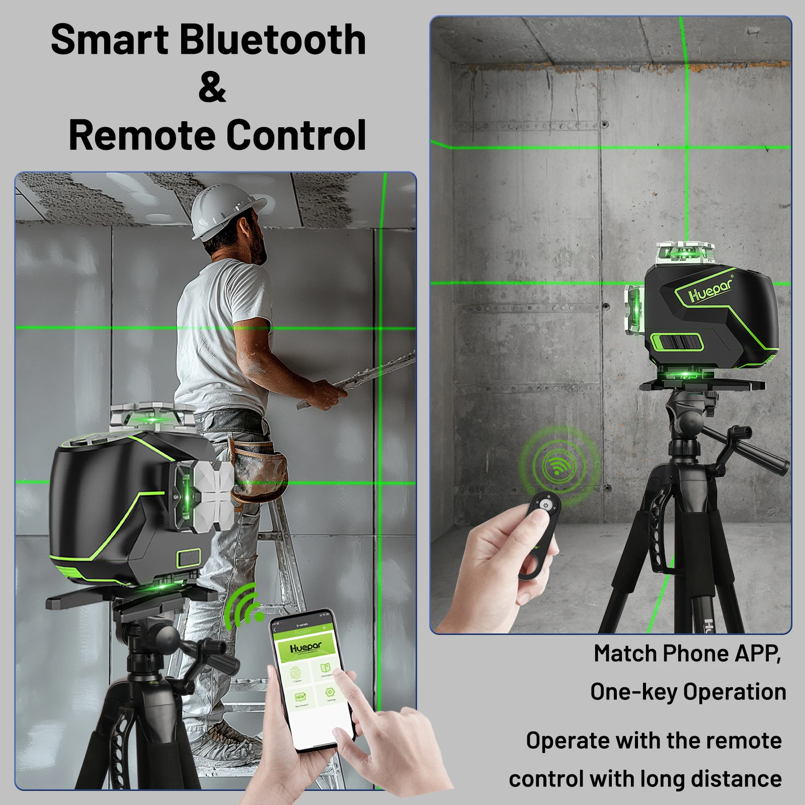 Huepar S04CG-C Livello laser verde 4D Strumenti laser a linee incrociate autolivellanti con rilevatore, display LCD, telecomando, Bluetooth e staffa