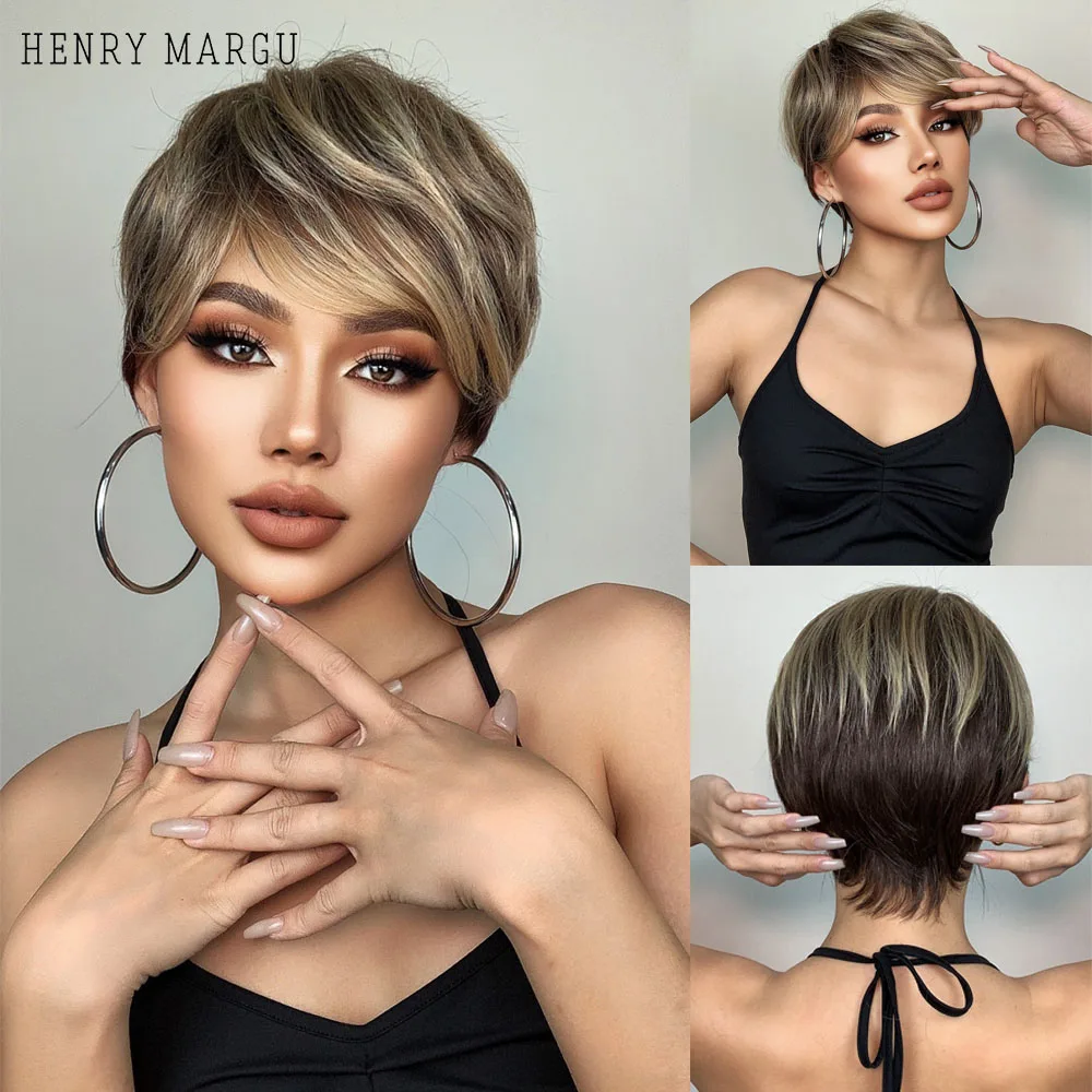 HENRY MARGU racine foncée Ombre brun blond cheveux courts perruques moelleux coupe lutin perruque synthétique pour les femmes noires blanches résistant à la chaleur
