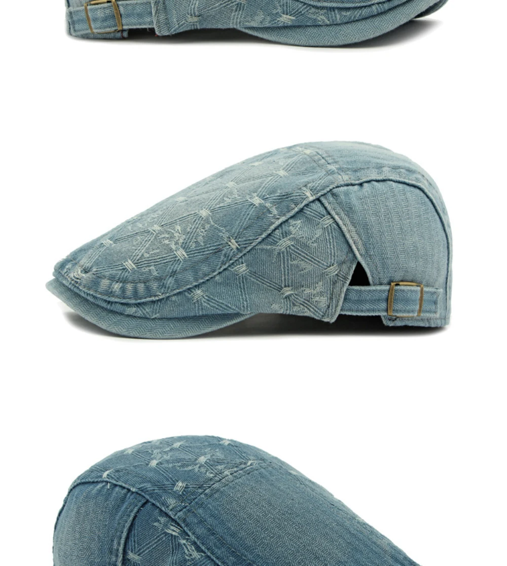 HT4728 Herren- und Damen-Baskenmützen, Verstellbare Ivy-Flatcaps, Künstler- und Malermützen für Frauen, 100% Baumwolle, Hochwertige Denim-Baskenmütze – Detail 8