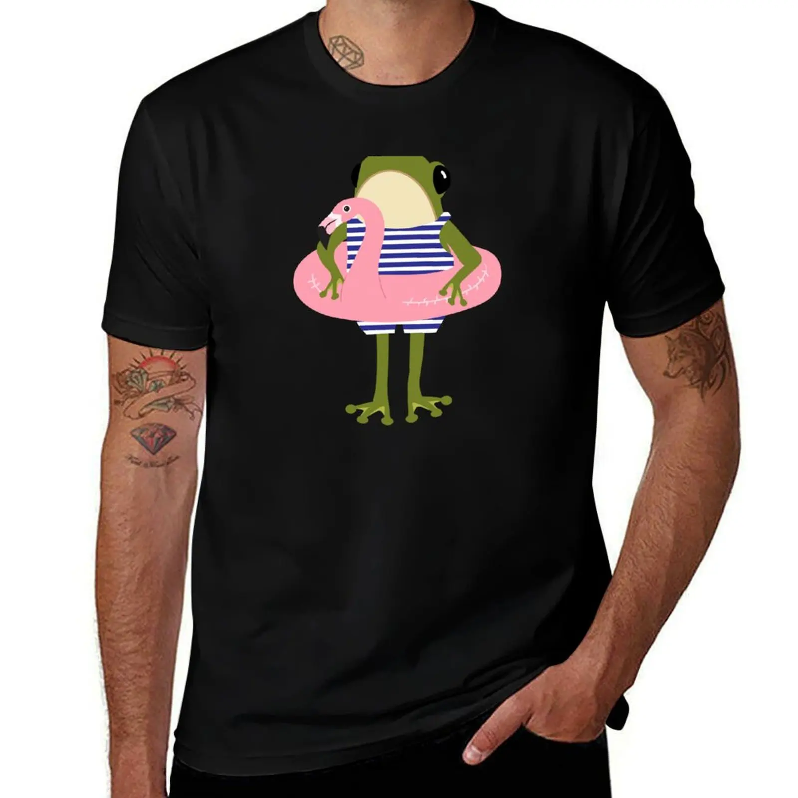 Swimming frog with flamingo pool float T-Shirt Heavy Duty Casual Work Tee T-Shirt