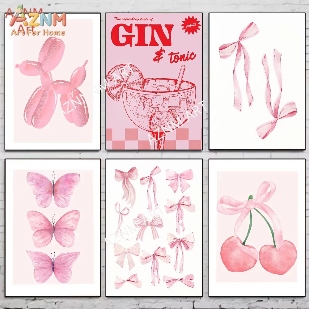 AZNM Rosa Coquette Leinwand-Wandkunstdruck Ballonhund Gin Tonic Schleife Schmetterling Kirsche Poster für Mädchenzimmer Bar Heim-Dekoration Ungerahmt