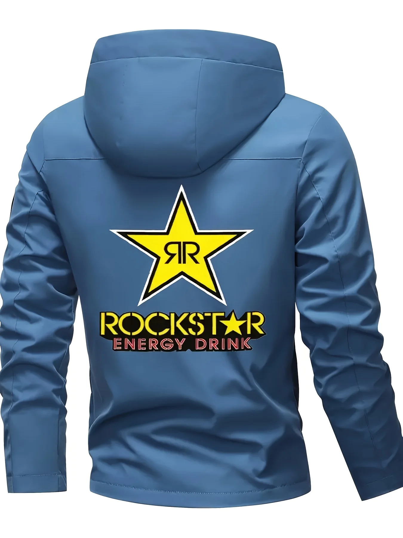 سترة بغطاء للرأس ثقيلة الوزن للرجال من Rockstar Logo - معطف بسحاب كامل مقاوم للرياح مع جيوب بسحاب ملابس خارجية للدراجات النارية في الشارع