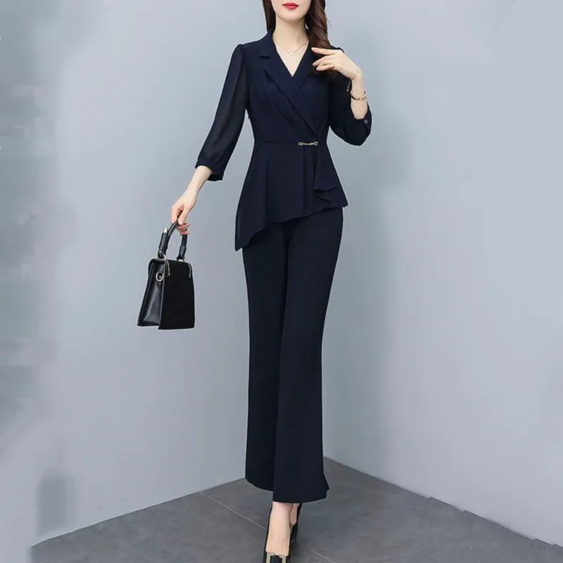 Women Spring Autumn Oversize Pants Sets Office Lady 2 Pieces Outfits Fashion Turn Collar Irregular Hem Top Female Pantsuits