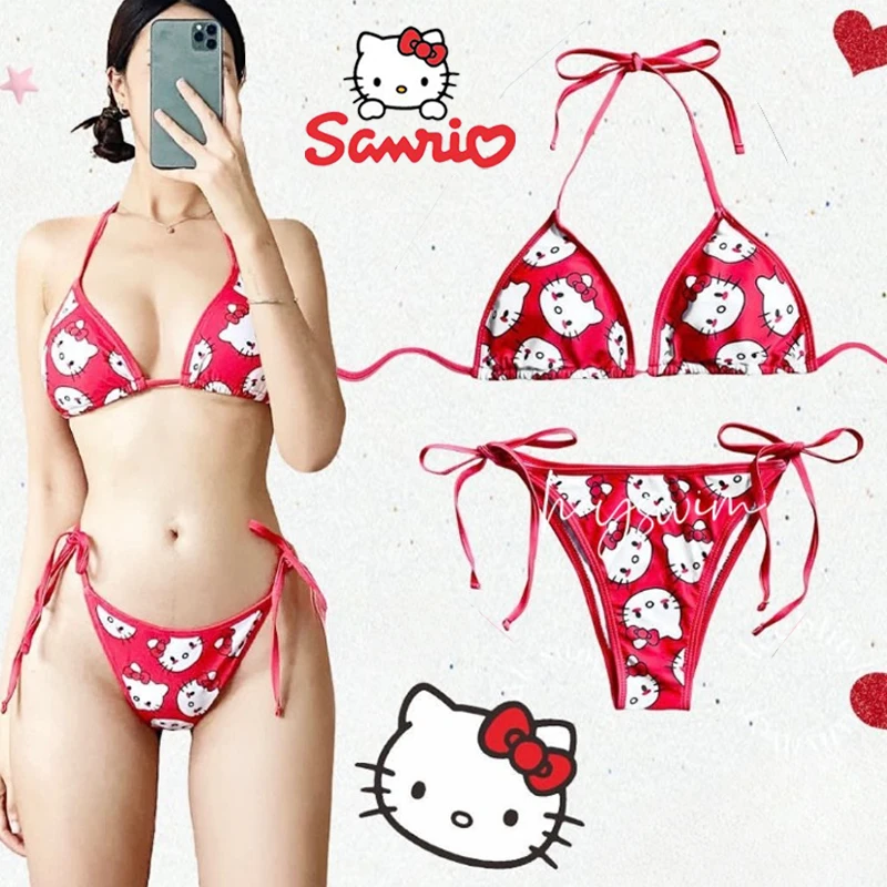 Sanrio Hello Kitty Sexy Women Swimwear Bikini Set Y2K Summer Beach Soft Side Strappy Panties Wire Free Bra Underwear Set Gifts