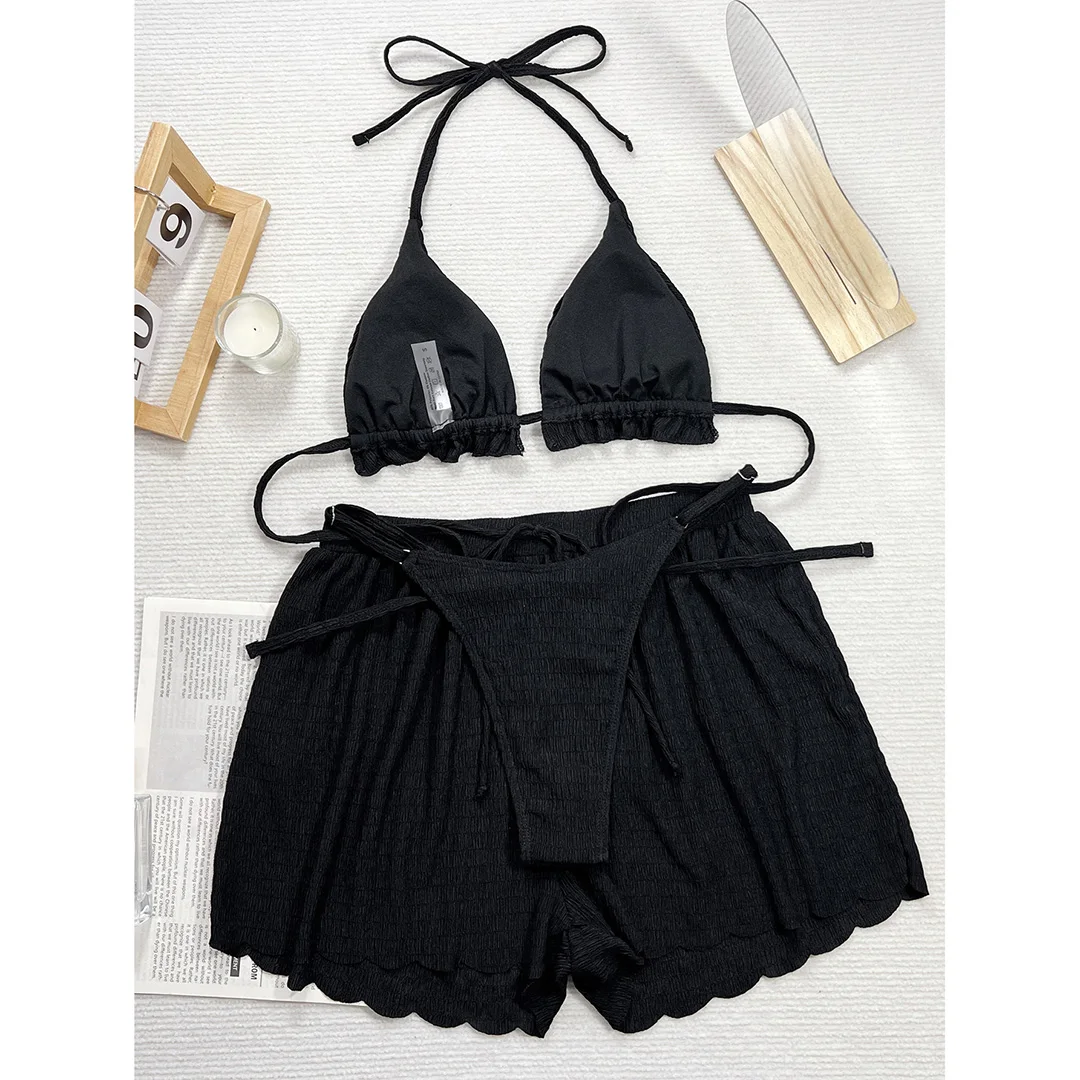 Gerüschter, gefütterter Neckholder-Bikini, Damen-Badebekleidung, dreiteiliger Bikini-Set mit Shorts, Badeanzug, Badebekleidung, Schwimmanzug V5673B – Detail 28