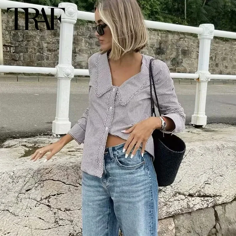 TRAF Plaid Women Shirt&Blouses Top 2024 Summer Autumn Long Sleeve Ruffled Shirt Ladies Fashon Casual Elegant Blouses For Female