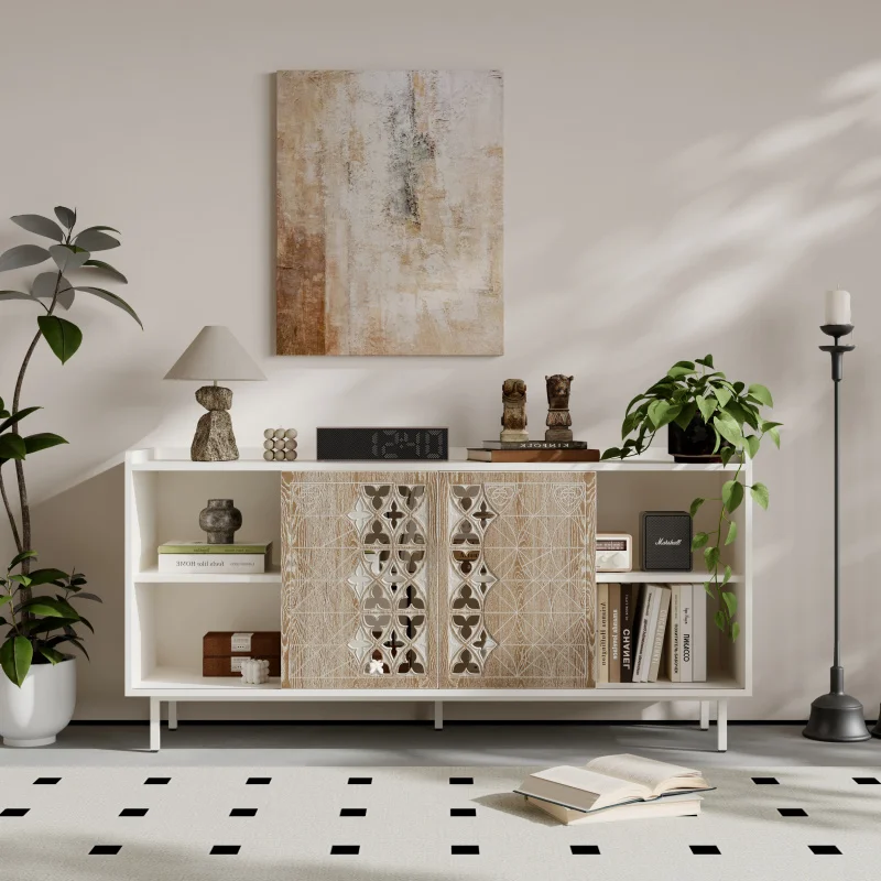 custom.Sideboard Storage Rustic Sliding Door Solid Wood Cabinet Living Room TV Buffet and Storage TV Stand Sideboards Accent Cab