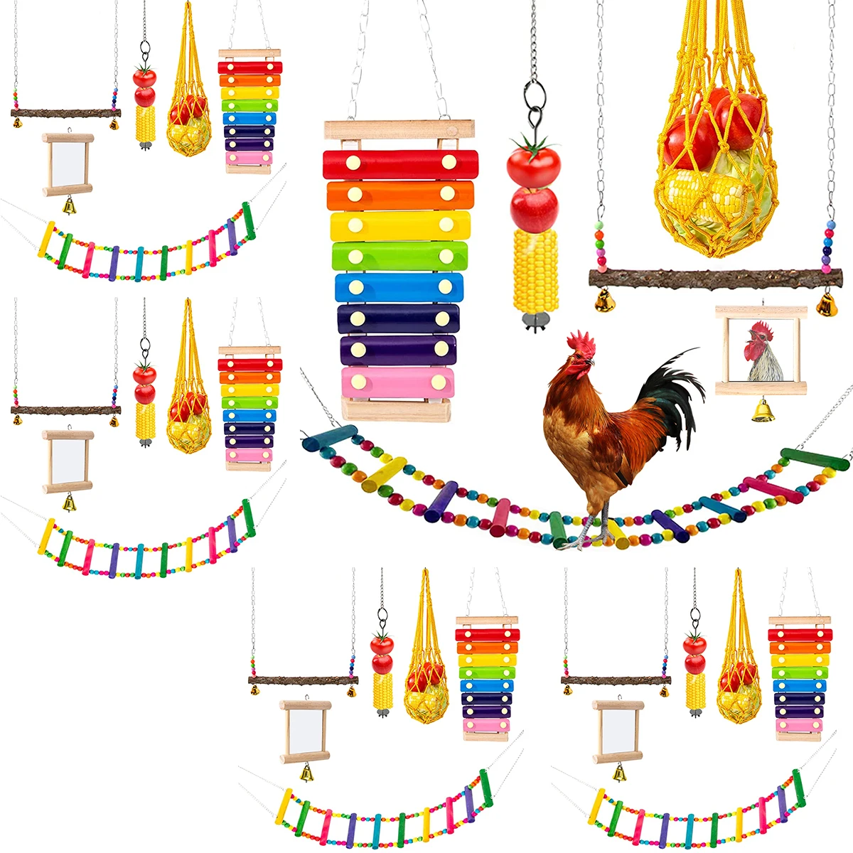 6PCS/Set Longer Chain Chicken Toys for Coop Accessories Xylophone Swing Flexible Ladder String Bag Vegetable Fruits Skewer