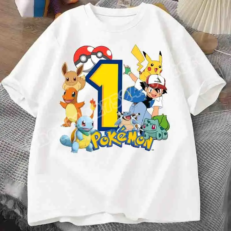 Pokemon Kids Short Sleeve T-shirt Cartoon Pikachu Birthday Numbers Print Pullover Anime Summer Casual Breathable Top Child Gifts