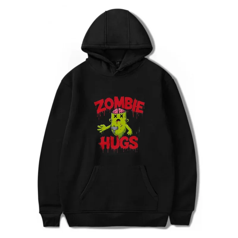 سويت شيرت رجالي بقلنسوة باللون الأسود Zombie Hugs مطبوع عليه رسوم كرتونية عالي الجودة من القطن كاجوال ملابس الشارع لحفلات الهالوين