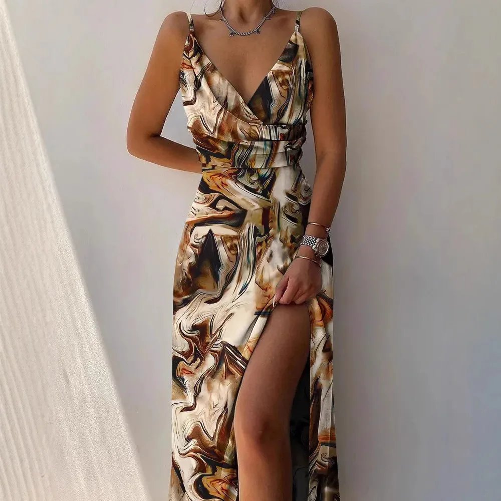 Casual Camis Dress Sleeveless Spaghetti Strap Sexy Women's Swinging Dress V-neck Sexy Slim Fits High Waist Summer Long Dress