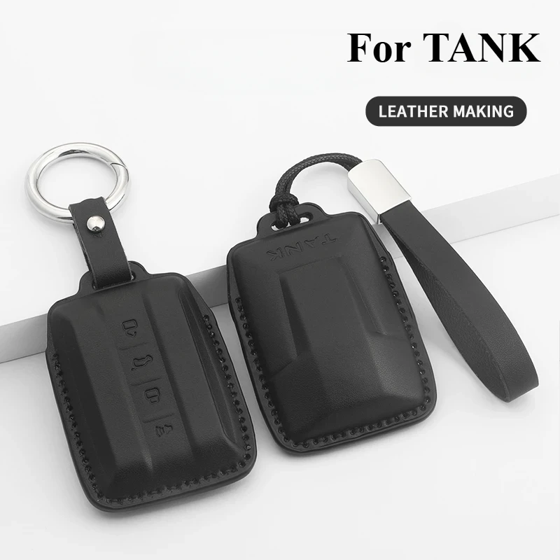 

PU Leather Car Key Case Cover Holder Fob For 2021 Tank 300 Tank 500 Keyless Protective Shell Keychain Car Accessories Protector