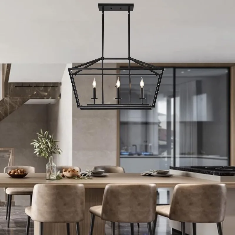 3-Light Black Farmhouse Chandelier Light Fixture Black Industrial Linear Pendant Lights Kitchen Island Candle Lantern Chandelier