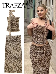 TRAFZA 2024 Women Vintage Tulle Leopard Printed Midi Skirt Sets Causal Suit High Waist A-Line Skirt+Halterneck Off-Shoulder Tube