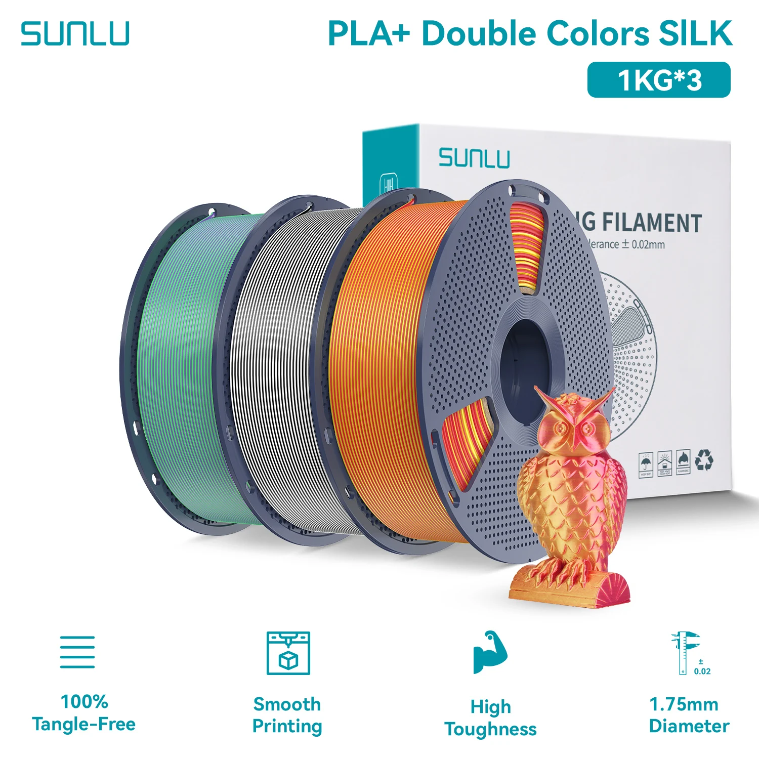 SUNLU Silk PLA PLUS 3D Filament 1.75mm Dubbele Kleuren Zijde Texturen PLA+ Verloopkleuren Filament voor de Meeste FDM 3D Printers 3KG