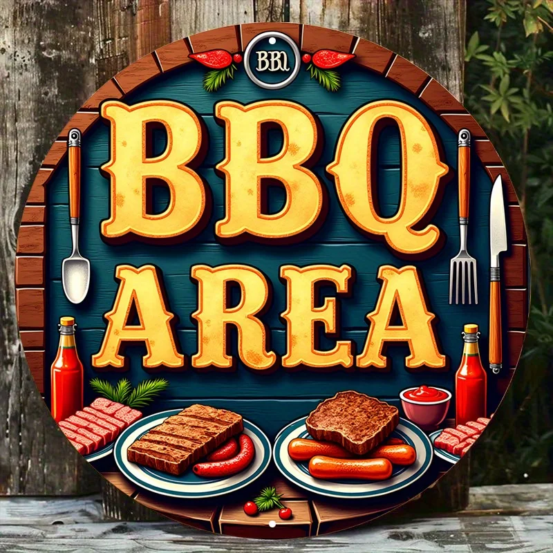 Vintage BBQ Round Metal Sign 1pc - Rustic Grilled Meat Hot Dog Wall Decor for Home Garage Cafe