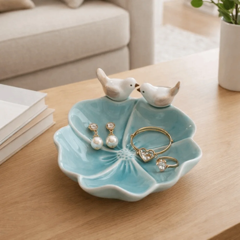 Decorative Handmade Bird Shaped Pastry Plate Cute Exquisite Tea Snack Fruit Tray Floral Necklace Ring Storage Tray Bedroom