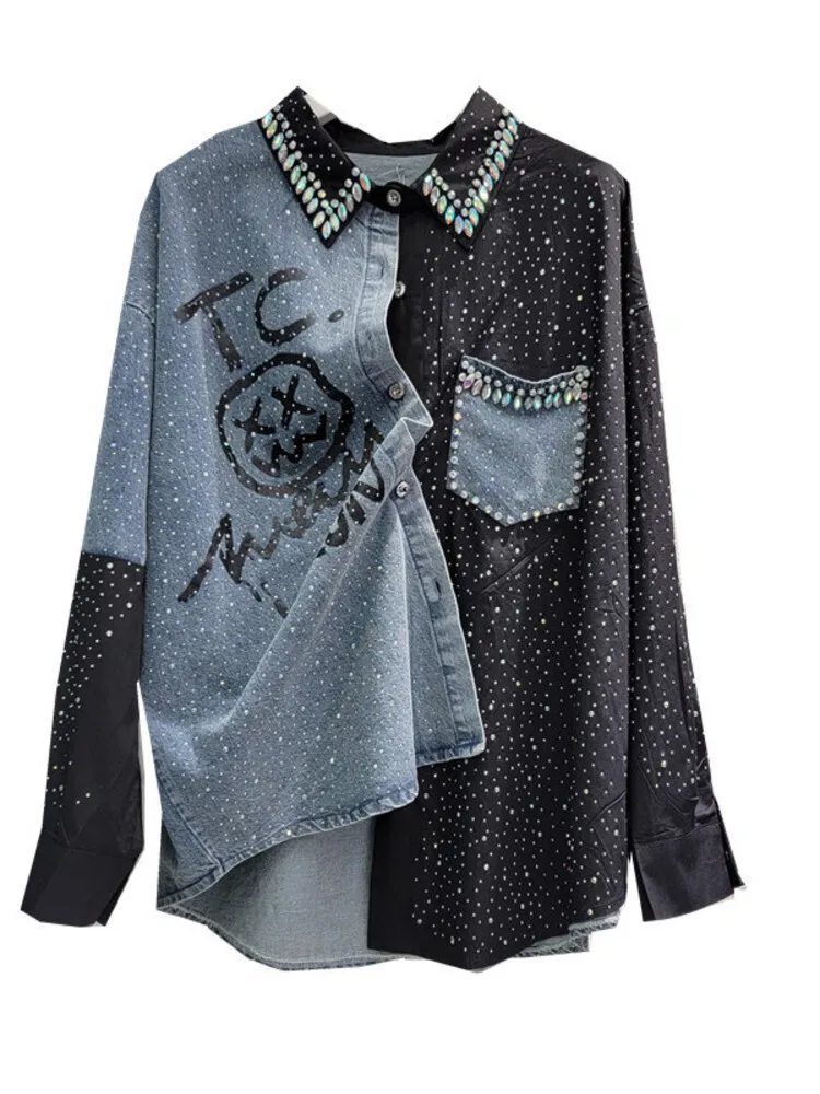 [EWQ] High Street Beading Diamond Patchwork Black Denim Shirt Y2K Fashion Loose Casual All Match Blouse 2024 Spring Autumn U7602