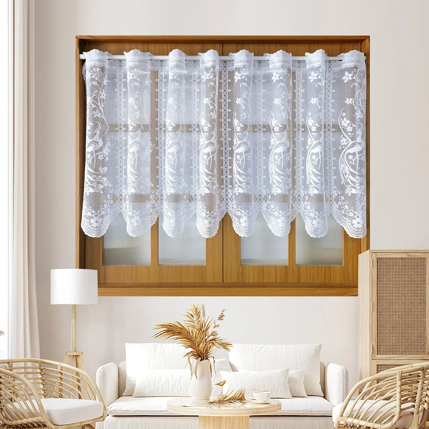 White Lace Embroidery Peacock Tulle Curtains for Kitchen Small Window Half Curtains, Rod Pockets, Ring Top Coffee Curtains